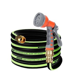 syeenify kink free garden hose 25ft 5/8", heavy duty hybrid water hose, ultra durable flexible rubber hose with sprayer nozzle,leakproof yard outdoor hose with brass solid connector