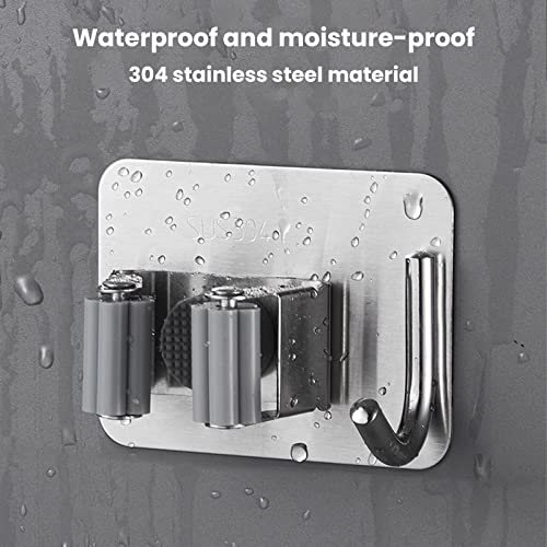 VXYW Mop Broom Holder No Drill SUS304 Stainless Steel, Mop Broom Organizer Wall Mounted Heavy Duty with Hooks Hanger, Self Adhesive Stainless Steel 3Pcs for Bathroom, Kitchen, Office (SILVER)