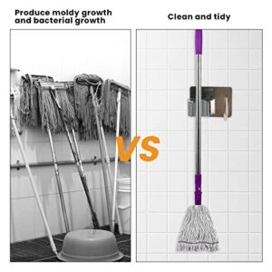 VXYW Mop Broom Holder No Drill SUS304 Stainless Steel, Mop Broom Organizer Wall Mounted Heavy Duty with Hooks Hanger, Self Adhesive Stainless Steel 3Pcs for Bathroom, Kitchen, Office (SILVER)