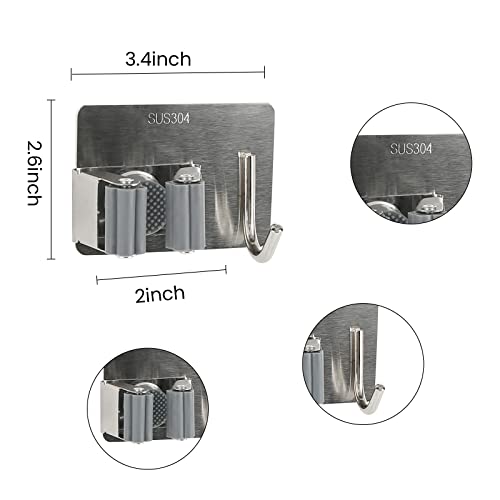 VXYW Mop Broom Holder No Drill SUS304 Stainless Steel, Mop Broom Organizer Wall Mounted Heavy Duty with Hooks Hanger, Self Adhesive Stainless Steel 3Pcs for Bathroom, Kitchen, Office (SILVER)