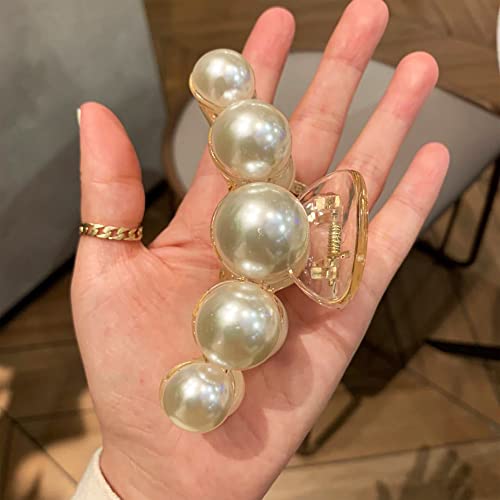 Large Pearl Hair Claw Clips Strong Hold Hair Jaw Clips Nonslip Champagne Color Claw Clips for Hair Daily Birthday Wedding Fashion Hair Clips Accessories for Women Thick/Thin Hair