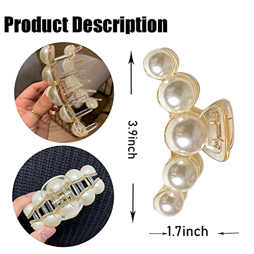 Large Pearl Hair Claw Clips Strong Hold Hair Jaw Clips Nonslip Champagne Color Claw Clips for Hair Daily Birthday Wedding Fashion Hair Clips Accessories for Women Thick/Thin Hair