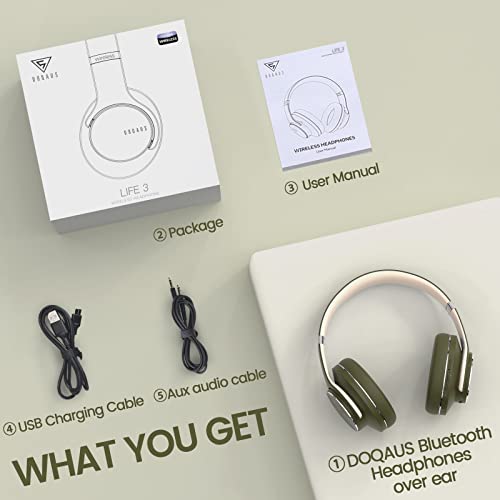 DOQAUS Bluetooth Headphones Over Ear, 52 Hours Playtime Wireless Headphones with 3 EQ Modes, Noise Isolating HiFi Stereo Headphones with Deep Bass, Microphone, Soft Earpads for Cellphone/PC (Green)