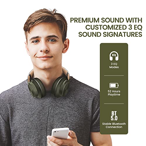 DOQAUS Bluetooth Headphones Over Ear, 52 Hours Playtime Wireless Headphones with 3 EQ Modes, Noise Isolating HiFi Stereo Headphones with Deep Bass, Microphone, Soft Earpads for Cellphone/PC (Green)