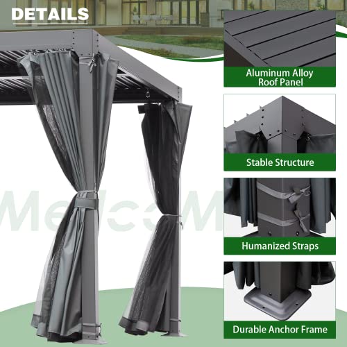 MELLCOM 10' × 20' Louvered Pergola with Adjustable Aluminum Rainproof Roof, Outdoor Hardtop Gazebo for Patio, Lawn & Garden, Curtains and Netting Included, Dark Gray