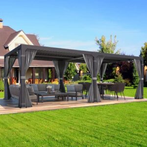mellcom 10' × 20' louvered pergola with adjustable aluminum rainproof roof, outdoor hardtop gazebo for patio, lawn & garden, curtains and netting included, dark gray