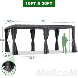 MELLCOM 10' × 20' Louvered Pergola with Adjustable Aluminum Rainproof Roof, Outdoor Hardtop Gazebo for Patio, Lawn & Garden, Curtains and Netting Included, Dark Gray