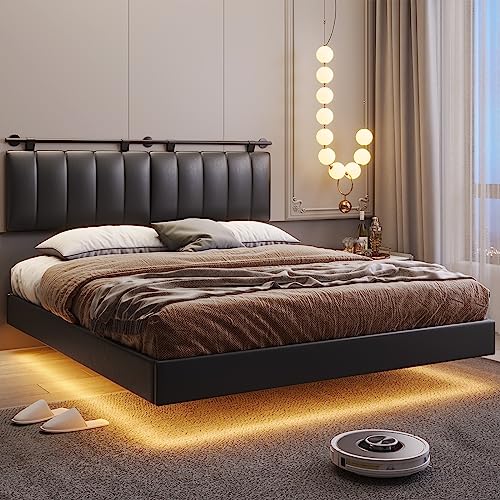 DICTAC Queen Floating Bed Frame with LED Lights and Wall Mounted Headboard,Modern Queen Size Low Profile LED Platform Bed Frame,Faux Leather Upholstered Platform Bed Frame,No Box Spring Needed,Black