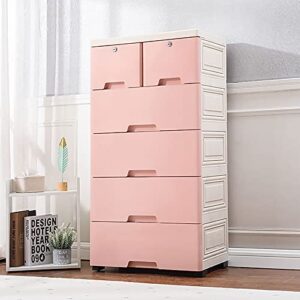 hteedy 6 drawers bedroom storage cabinet plastic closet drawer storage for bedroom furniture organizer tower cabinet，19.7" w x 13.8" d x 40" h (pink)