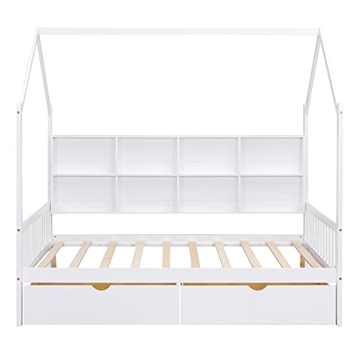Polibi Full Size Wooden House Bed with 2 Drawers, 8 Storage Shelves, Roof, Headboard and Footboard, White