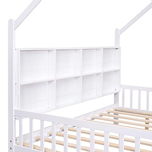 Polibi Full Size Wooden House Bed with 2 Drawers, 8 Storage Shelves, Roof, Headboard and Footboard, White