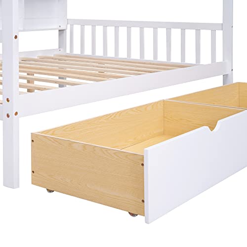 Polibi Full Size Wooden House Bed with 2 Drawers, 8 Storage Shelves, Roof, Headboard and Footboard, White