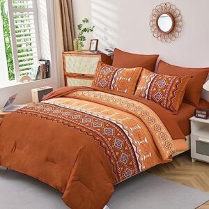 dobuyly burnt orange comforter set king, 7 pieces bed in a bag terracotta boho aztec comforter soft microfiber bedding set with comforter, flat sheet, fitted sheet, 2 pillow shams, 2 pillowcases