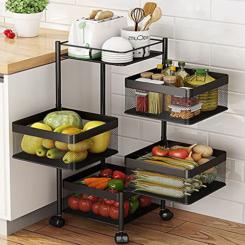 Fruit Basket Rotating Storage Rack for Kitchen, 4-Tier Square Rotating Storage Rack Fruit and Vegetable Storage Rack with Wheels, Floor-Standing Shelf Kitchen Organizer for Fruit Vegetable Grocery