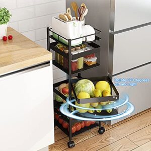 Fruit Basket Rotating Storage Rack for Kitchen, 4-Tier Square Rotating Storage Rack Fruit and Vegetable Storage Rack with Wheels, Floor-Standing Shelf Kitchen Organizer for Fruit Vegetable Grocery