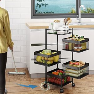 Fruit Basket Rotating Storage Rack for Kitchen, 4-Tier Square Rotating Storage Rack Fruit and Vegetable Storage Rack with Wheels, Floor-Standing Shelf Kitchen Organizer for Fruit Vegetable Grocery