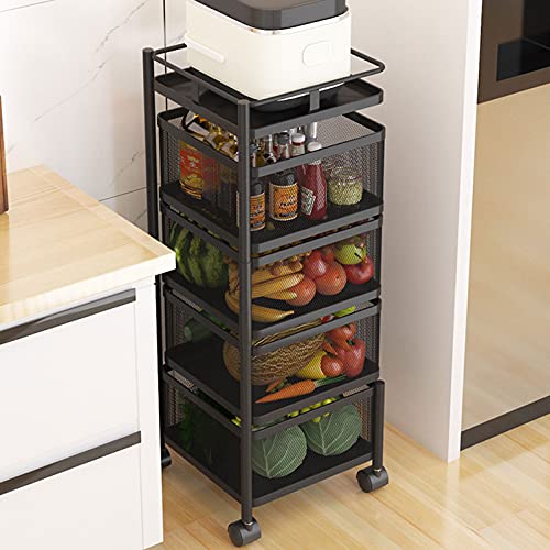 Fruit Basket Rotating Storage Rack for Kitchen, 4-Tier Square Rotating Storage Rack Fruit and Vegetable Storage Rack with Wheels, Floor-Standing Shelf Kitchen Organizer for Fruit Vegetable Grocery