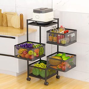 Fruit Basket Rotating Storage Rack for Kitchen, 4-Tier Square Rotating Storage Rack Fruit and Vegetable Storage Rack with Wheels, Floor-Standing Shelf Kitchen Organizer for Fruit Vegetable Grocery