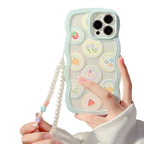 LOLAGIGI for iPhone 13 Pro Case Blue Cute Cartoon Print Curly Wave Frame Shape Kawaii Y2K Girly Design Aesthetic for Women Girls Case with Lovely Heart Charm Peal Lanyard Beaded Accessories