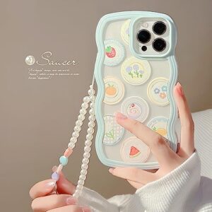 LOLAGIGI for iPhone 13 Pro Case Blue Cute Cartoon Print Curly Wave Frame Shape Kawaii Y2K Girly Design Aesthetic for Women Girls Case with Lovely Heart Charm Peal Lanyard Beaded Accessories