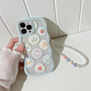 LOLAGIGI for iPhone 13 Pro Case Blue Cute Cartoon Print Curly Wave Frame Shape Kawaii Y2K Girly Design Aesthetic for Women Girls Case with Lovely Heart Charm Peal Lanyard Beaded Accessories