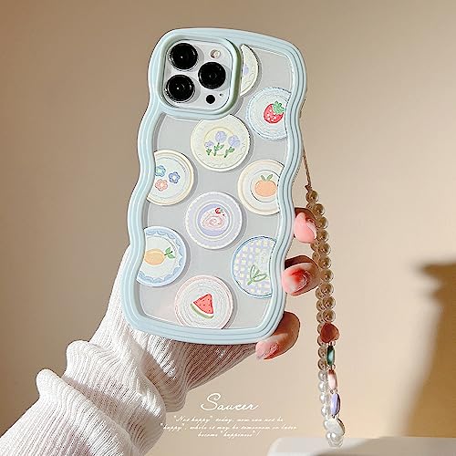 LOLAGIGI for iPhone 13 Pro Case Blue Cute Cartoon Print Curly Wave Frame Shape Kawaii Y2K Girly Design Aesthetic for Women Girls Case with Lovely Heart Charm Peal Lanyard Beaded Accessories