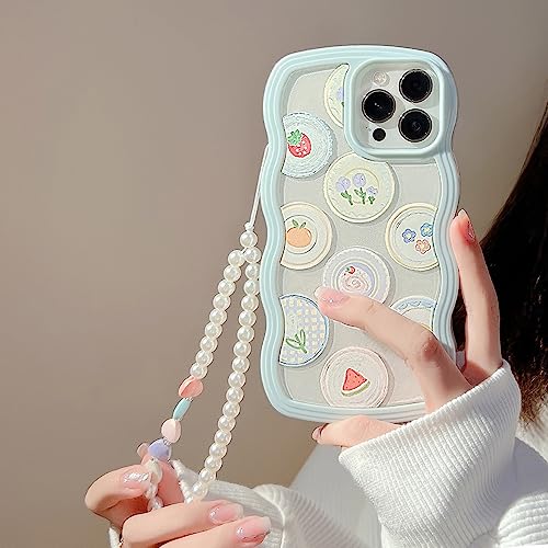 LOLAGIGI for iPhone 13 Pro Case Blue Cute Cartoon Print Curly Wave Frame Shape Kawaii Y2K Girly Design Aesthetic for Women Girls Case with Lovely Heart Charm Peal Lanyard Beaded Accessories
