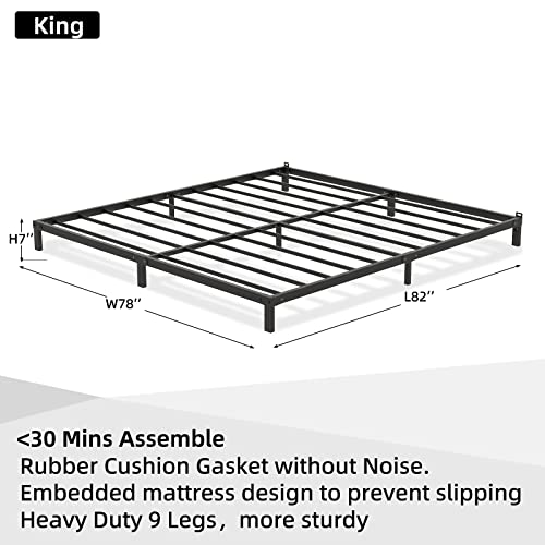 LUKIROYAL Sturdy Low Bed Frame King- Metal 7-Inch Platform Base with Steel Slats - Easy Assembly, Noise-Free, No Box Spring Needed - Non-Slip - Black