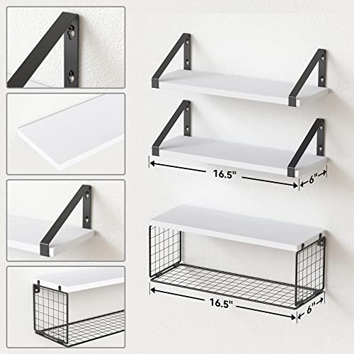 DOLLFIO Floating Shelves for Bathroom with Basket, Wooden Wall Shelves, Floating Shelves for Wall Décor, Wall Mounted Floating Shelf for Bathroom, Floating Shelf for Wall, Bedroom, Living Room–White