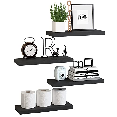 DOLLFIO Floating Shelves, 4 Sets Wall Shelves, Wooden Floating Shelves for Wall Décor, Wall Mounted Floating Shelf for Bathroom Storage, Floating Book Shelves for Wall, Bedroom, Living Room–Black