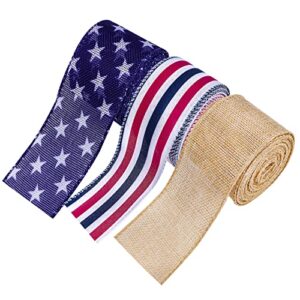 patriotic burlap ribbon wired 4th of july red white blue star ribbons american flag ribbon for memorial day, veteran's day, 2-1/2 inch 5 yards*3 rolls