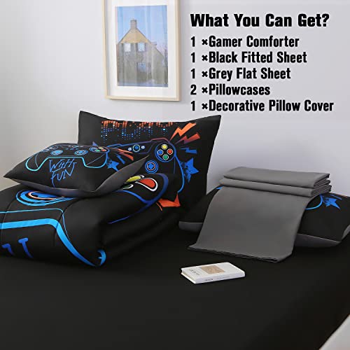 JQinHome Twin Gaming Comforter Sets for Boys,6 Piece Bed in A Bag 3D Video Game Bedding -All Season Soft Microfiber Gamer Bedding Sets for Kids, with Pillowcase, Flat Sheet, Fitted Sheet,Cushion Cover