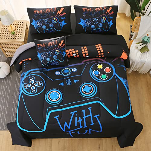 JQinHome Twin Gaming Comforter Sets for Boys,6 Piece Bed in A Bag 3D Video Game Bedding -All Season Soft Microfiber Gamer Bedding Sets for Kids, with Pillowcase, Flat Sheet, Fitted Sheet,Cushion Cover