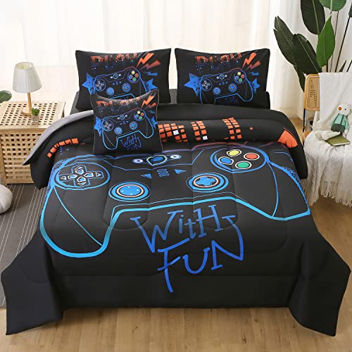 JQinHome Twin Gaming Comforter Sets for Boys,6 Piece Bed in A Bag 3D Video Game Bedding -All Season Soft Microfiber Gamer Bedding Sets for Kids, with Pillowcase, Flat Sheet, Fitted Sheet,Cushion Cover