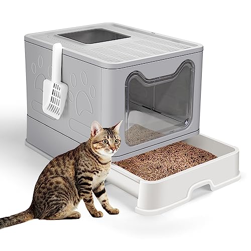 DricRoda Foldable Cat Litter Box with Scoop and Drawer, Large Detachable Cat Litter Box with Double Doors