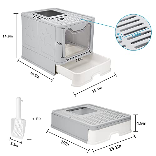 DricRoda Foldable Cat Litter Box with Scoop and Drawer, Large Detachable Cat Litter Box with Double Doors