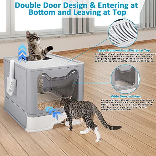 DricRoda Foldable Cat Litter Box with Scoop and Drawer, Large Detachable Cat Litter Box with Double Doors