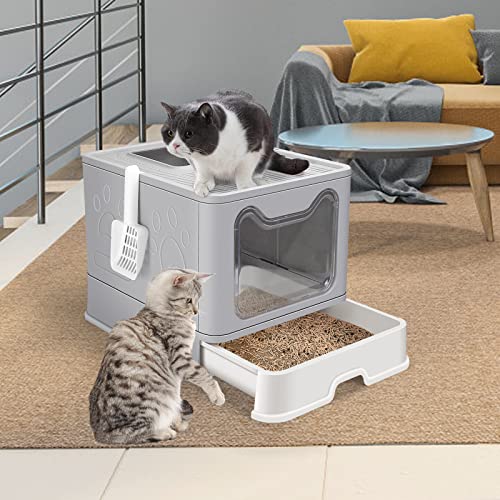 DricRoda Foldable Cat Litter Box with Scoop and Drawer, Large Detachable Cat Litter Box with Double Doors