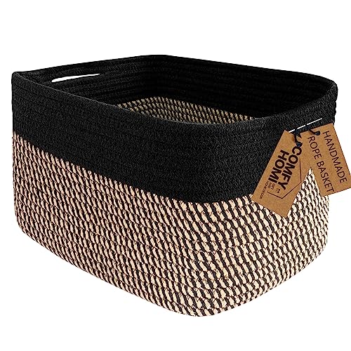 COMFY-HOMI Cotton Rope Square Basket With Handles for Shelves|Dog Toy Basket Bin and Storage|Baby Basket for Gift|Shoe Basket for Organizing|NEW 13.5" x 11" x 9.5" for Living Room（Black/Jute）