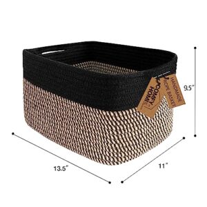 COMFY-HOMI Cotton Rope Square Basket With Handles for Shelves|Dog Toy Basket Bin and Storage|Baby Basket for Gift|Shoe Basket for Organizing|NEW 13.5" x 11" x 9.5" for Living Room（Black/Jute）