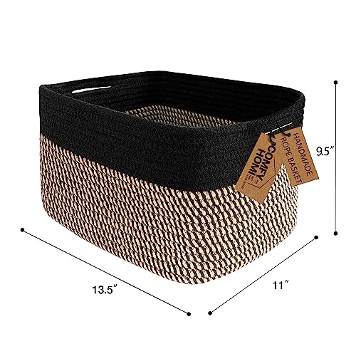 COMFY-HOMI Cotton Rope Square Basket With Handles for Shelves|Dog Toy Basket Bin and Storage|Baby Basket for Gift|Shoe Basket for Organizing|NEW 13.5" x 11" x 9.5" for Living Room（Black/Jute）