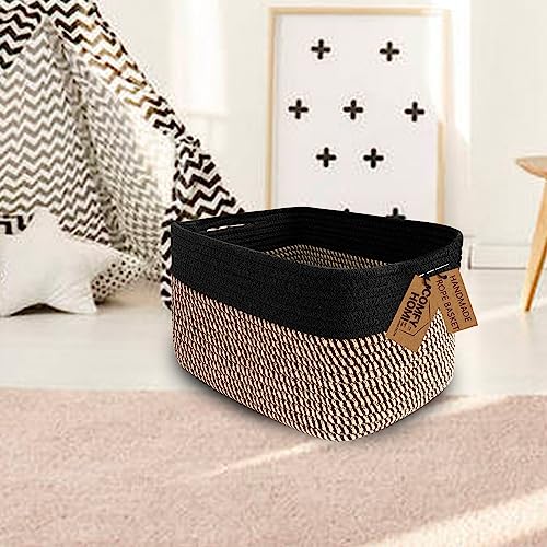 COMFY-HOMI Cotton Rope Square Basket With Handles for Shelves|Dog Toy Basket Bin and Storage|Baby Basket for Gift|Shoe Basket for Organizing|NEW 13.5" x 11" x 9.5" for Living Room（Black/Jute）