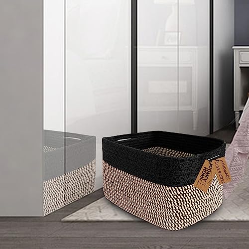 COMFY-HOMI Cotton Rope Square Basket With Handles for Shelves|Dog Toy Basket Bin and Storage|Baby Basket for Gift|Shoe Basket for Organizing|NEW 13.5" x 11" x 9.5" for Living Room（Black/Jute）