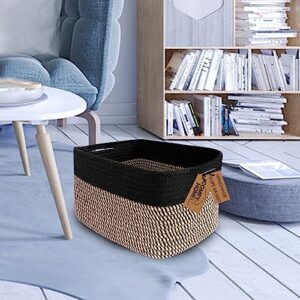 COMFY-HOMI Cotton Rope Square Basket With Handles for Shelves|Dog Toy Basket Bin and Storage|Baby Basket for Gift|Shoe Basket for Organizing|NEW 13.5" x 11" x 9.5" for Living Room（Black/Jute）