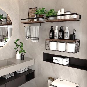 Floating Shelves with Storage Basket, Bathroom Shelves Over Toilet Paper Holder Storage Shelves, Wall Mounted Rustic Wood Shelves for Bathroom, Bedroom, Living Room, Kitchen(Brown, Set of 3)