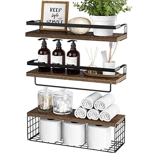 Floating Shelves with Storage Basket, Bathroom Shelves Over Toilet Paper Holder Storage Shelves, Wall Mounted Rustic Wood Shelves for Bathroom, Bedroom, Living Room, Kitchen(Brown, Set of 3)