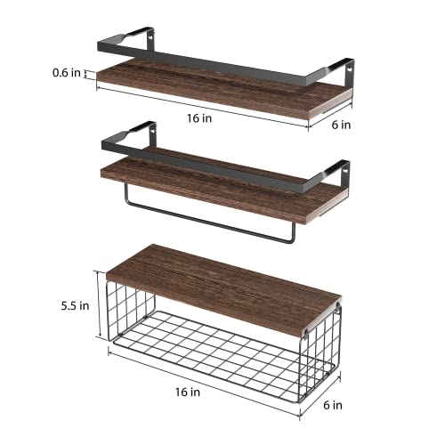 Floating Shelves with Storage Basket, Bathroom Shelves Over Toilet Paper Holder Storage Shelves, Wall Mounted Rustic Wood Shelves for Bathroom, Bedroom, Living Room, Kitchen(Brown, Set of 3)