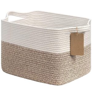 goodpick woven storage basket for shelves, cotton rope dog toy bin, empty gift basket with handles, square baskets for storage shelves, brown and white storage bin, 13.5 x 11 x 9.5 inches