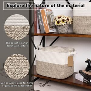 Goodpick Woven Storage Basket for Shelves, Cotton Rope Dog Toy Bin, Empty Gift Basket with Handles, Square Baskets for Storage Shelves, Brown and White Storage Bin, 13.5 x 11 x 9.5 Inches