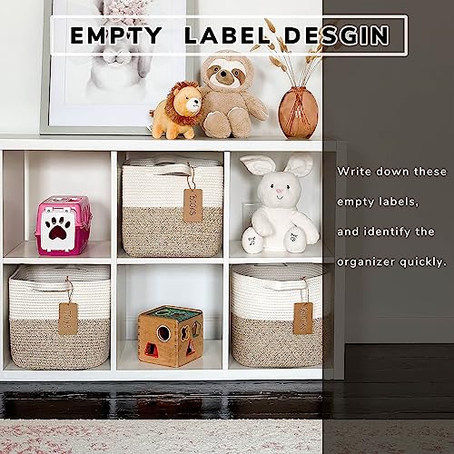 Goodpick Woven Storage Basket for Shelves, Cotton Rope Dog Toy Bin, Empty Gift Basket with Handles, Square Baskets for Storage Shelves, Brown and White Storage Bin, 13.5 x 11 x 9.5 Inches